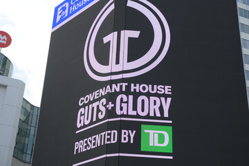Obraz premium digital announcement ad sign for March 5, 2026, Covenant House Toronto, event called Guts + Glory: The Ultimate Brain + Brawn Challenge, Sankofa Square