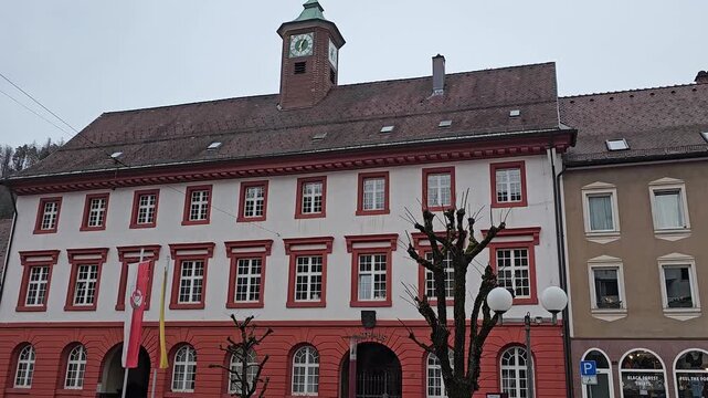 Street view of the city Triberg, Baden-Wuerttemberg, Germany. On a cloudy day in spring Schwarzwald at Summer Day.