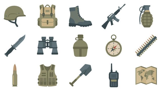 Military equipment and army gear collection features essential items for combat, survival, and tactical operations, presented as flat vector illustrations.