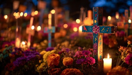 Vibrant Day of the Dead Tribute with Colorful Crosses and Candlelight at Dusk