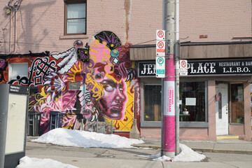 Naklejka premium exterior of Jenny's Place, a bar, located at 1338 Gerrard St E (Gerrard India Bazaar neighborhood) at Highfield Rd, Toronto 