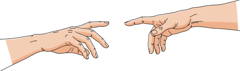 Two human hands reaching out to touch fingers in creation of adam style illustration isolated on white background cad drawing