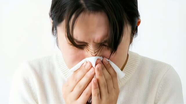 ティッシュで鼻をかみ、鼻水の不快感に耐える女性。アレルギーと健康管理のシーン