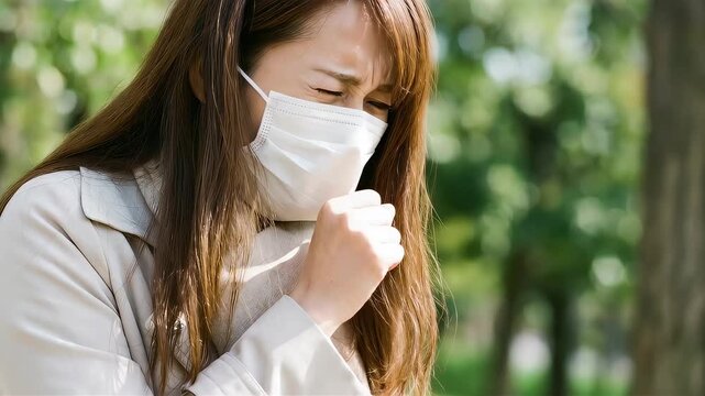 外出先で喉の不快感に悩む女性。花粉症や感染症予防のライフスタイルシーン