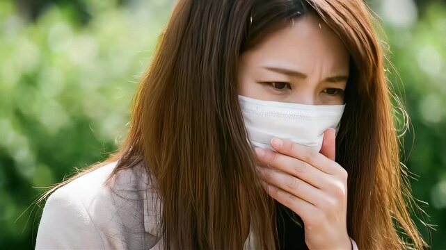 辛そうな表情で咳をする女性。春の花粉症対策と健康管理の映像素材