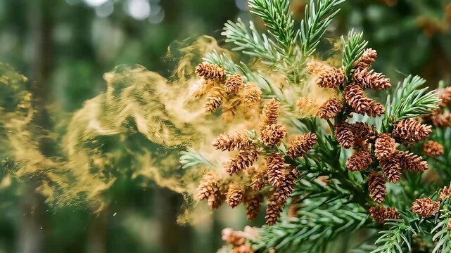杉の雄花から一斉に舞い上がる黄色いスギ花粉。春のアレルギーの根源