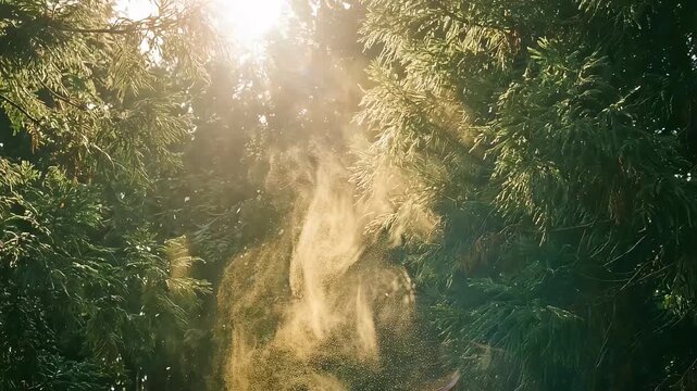 逆光に照らされ、春の杉林で激しく飛散するスギ花粉