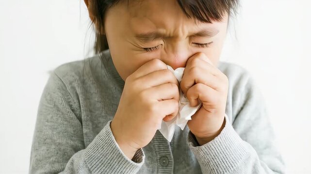 顔をしかめて鼻をかむ小さな女の子。ひどい花粉症や鼻炎の症状イメージ