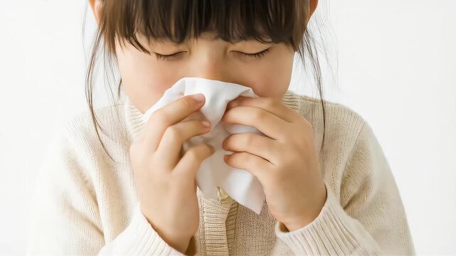 ティッシュで鼻をかむ新一年生の女の子。花粉症やアレルギーの症状イメージ