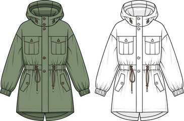 Women hooded utility parka jacket technical cad drawing flat vector illustration with drawstring waist, cargo pockets, button closure, and elastic cuffs © Shihab Creative