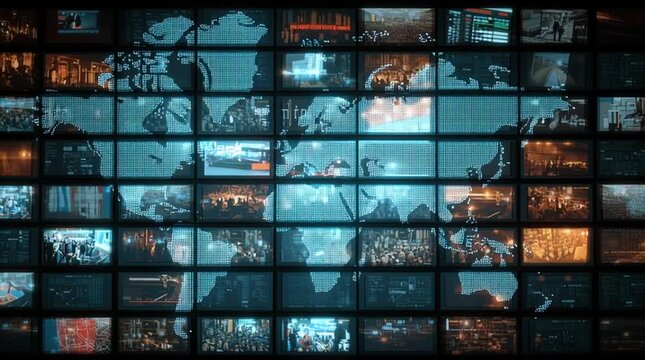World map composed of digital screens displaying conflicting news footage, illustrating global media networks, information overload, and contrasting narratives in the modern digital news landscape.
