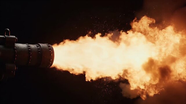 A flamethrower ignites, releasing a stream of fire against a stark, black backdrop