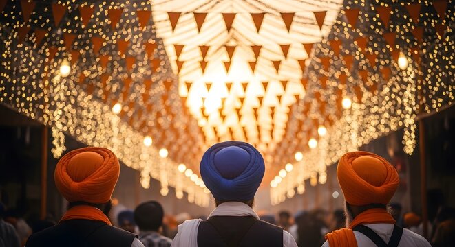 Vibrant Baisakhi parade at sunset with people in traditional Sikh attire. Crowd of devotees in orange turbans celebrating the Khalsa Panth foundation