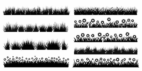 Black and white illustration of various grass and wildflower borders © Aduri