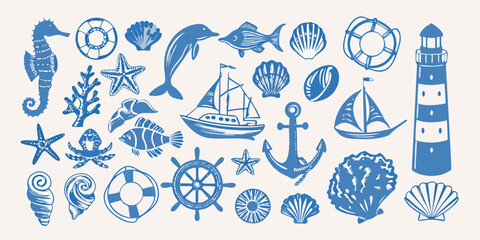 Blue nautical illustrations featuring sea life boats and coastal elements