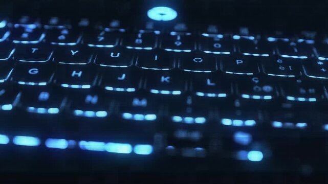 Glitch and keyboards and cybersecurity concept. Close-up of illuminated blue keyboard keys in low light