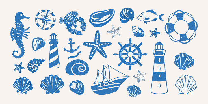 A collection of blue nautical illustrations featuring shells boats and sea life