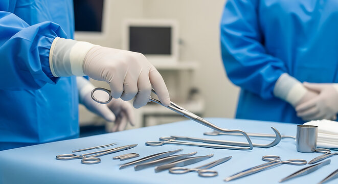 Surgeon preparing surgical tools on a sterile table in hospital