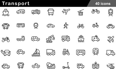 Transport Thin Line Icons Set Global Logistics, Urban Mobility, Heavy Machinery, Public Transit and Eco Friendly Vehicle Symbols for Infrastructure © Jamal