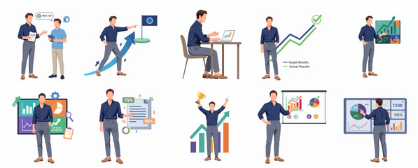 Fototapeta premium Business Man Cartoon Character with Financial Analysis Data and Presentation Concept