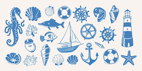 A collection of blue nautical elements including shells boats and sea creatures © Buddiswar