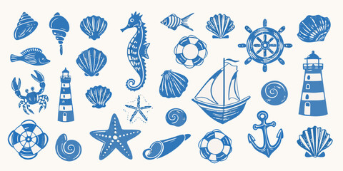 Collection of blue nautical illustrations featuring shells boats and sea life © Buddiswar