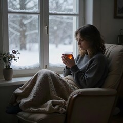 Young woman relaxing in armchair with cup of tea looking at winter snow through window