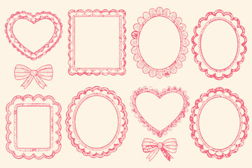 Collection of ornate pink frames and decorative bows against a pale background