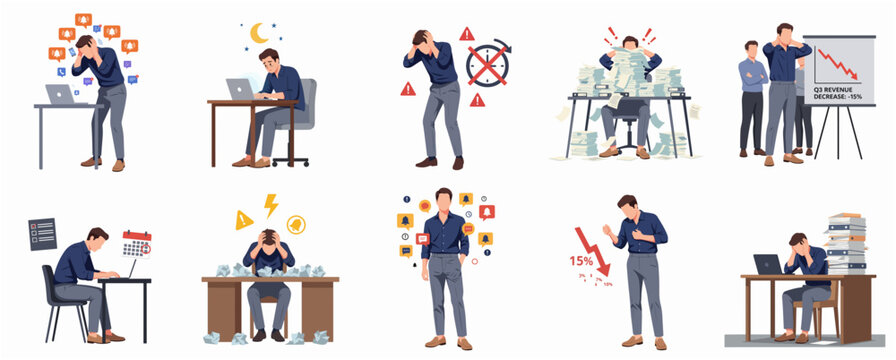 Flat Illustration Set of Stressed and Overworked Businessman in Different Situation