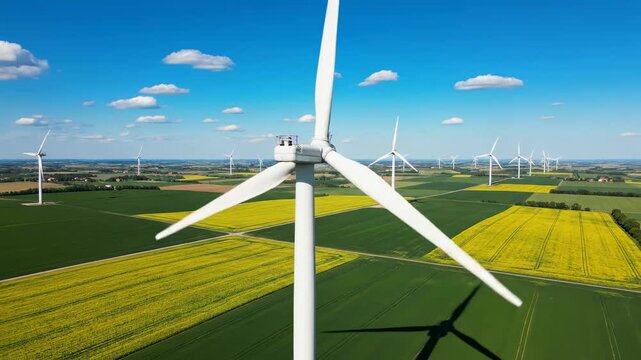 Sustainable Energy Future. Aerial View of Wind Turbines in Green and Yellow Fields for Environmental Concepts.
