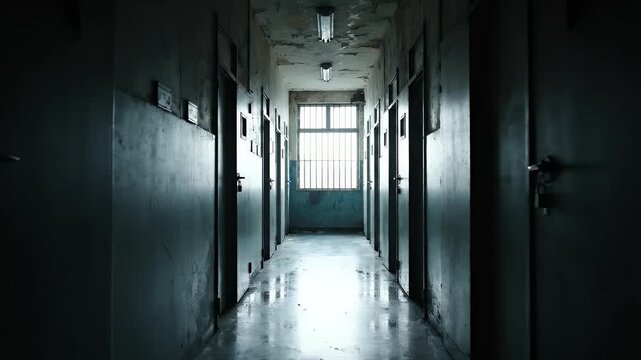 An eerie, dim hallway with doors and barred window, evoking abandonment