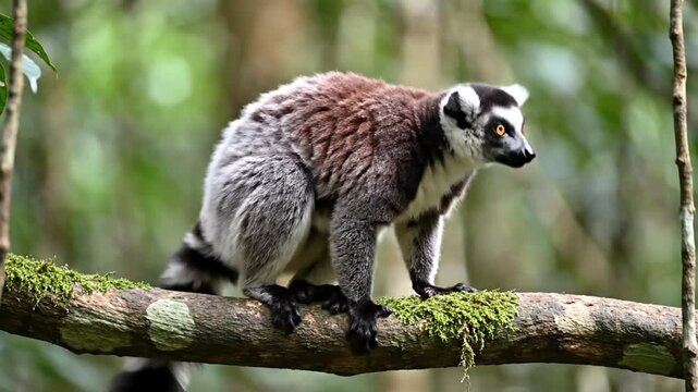 Wild Ring-tailed lemur resting on mossy tree branch in forest