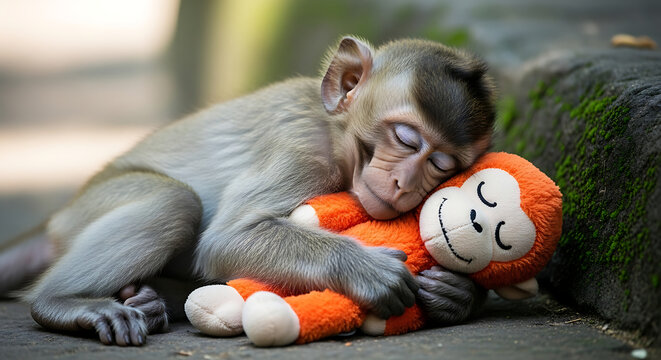A monkey is resting with a teddy bear