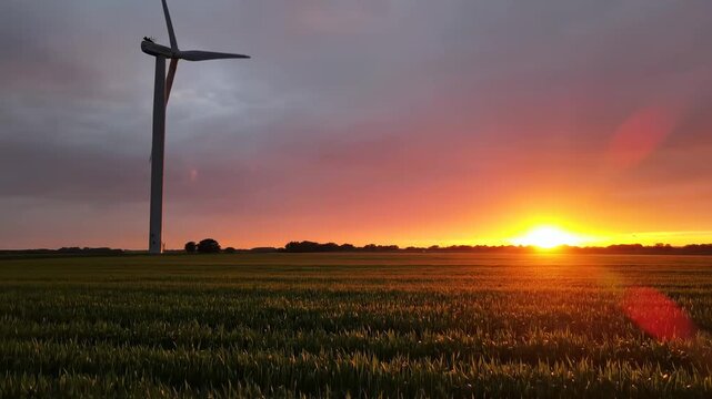 Golden Hour Glow: Wind Turbine in a Lush Green Field at Sunset, Perfect for Renewable Energy Concepts and Environmental Campaigns.