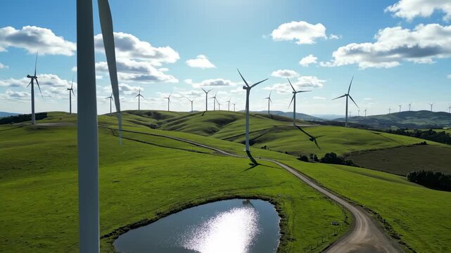 Sustainable Future. Wind Turbines on Rolling Green Hills for Clean Energy Campaigns.