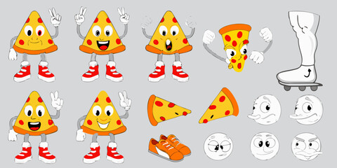 Obraz premium Cartoon pizza slices with faces and accessories in a character sheet style