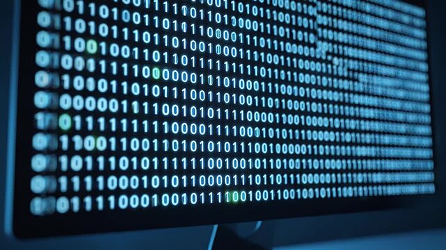 A close-up of a computer monitor displaying binary code, lit with a blue glow