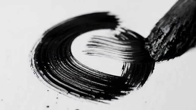 A curved black ink brushstroke on a white surface, with a blurred brush visible