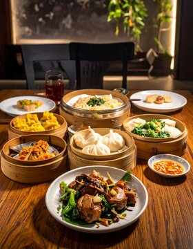 Varied dim sum selection served in bamboo steamers on a wooden table