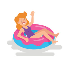 Obraz premium Woman Floating on Donut Pool Float.