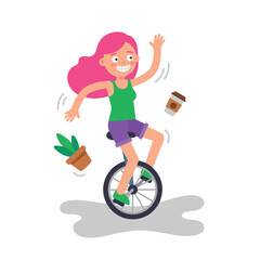 Woman riding a unicycle and juggling objects. © Delta
