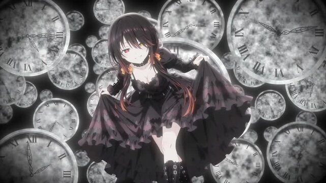 Gothic girl surrounded by floating vintage clocks, dark fantasy time concept animation