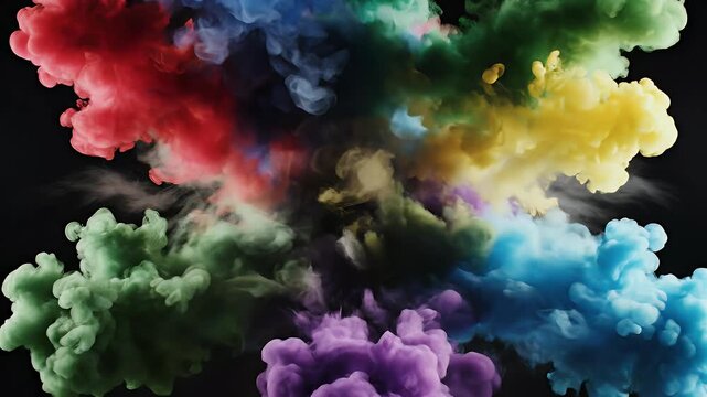 A dynamic explosion of vibrant, abstract, swirling color clouds against a black background