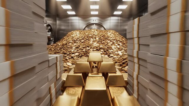 A bank vault full of gold bars, coins, and stacks of cash under warm lighting
