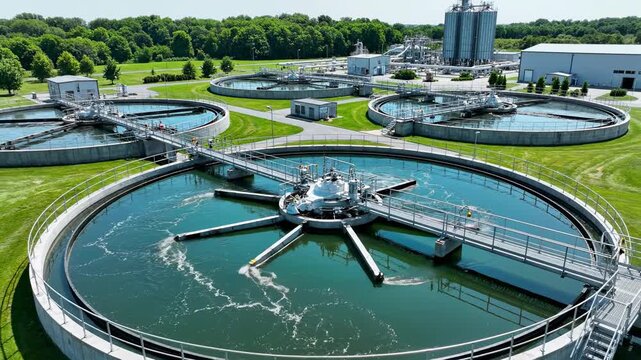Sustainable Future. Aerial view of a modern wastewater treatment plant for water purification and environmental management.