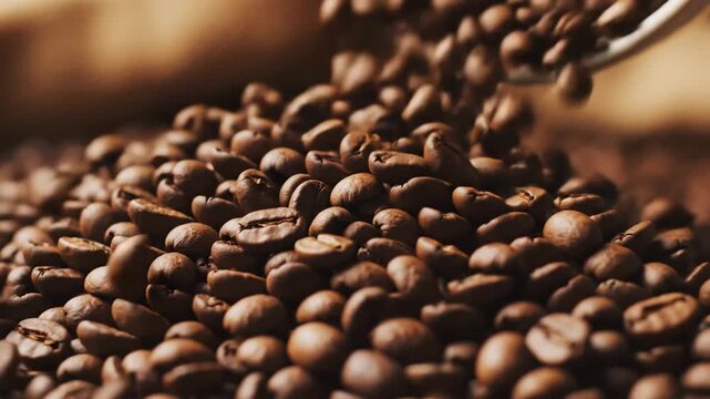 Close up of roasted coffee beans pile with container