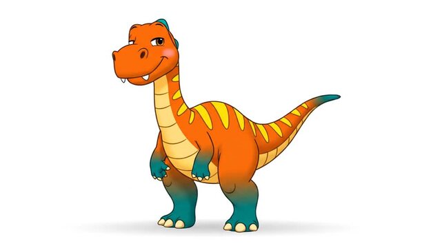 Friendly cartoon orange dinosaur waving isolated on white