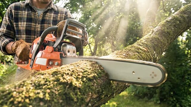 Close up of a man using an orange chainsaw to cut a mossy tree branch in a sunny garden with dramatic sunbeams and wood chips flying through the air in slow motion.