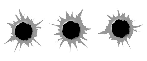 Bullet hole gun mark effects set. Dark impact shapes with torn edges and metallic shading on white background with damage textures. Detailed realistic vector illustration © Design Zone