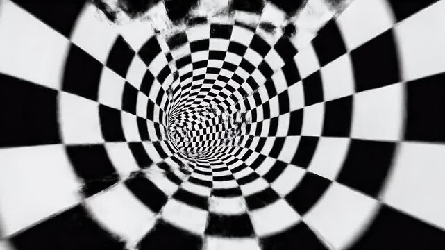 A black and white, checkered tunnel effect with the appearance of water flow